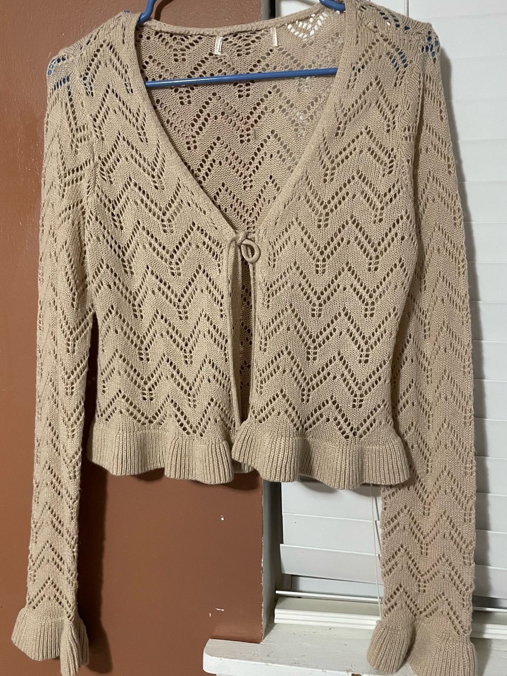 Beige Openwork Ruffle-Hem Cardigan with Loop Closure